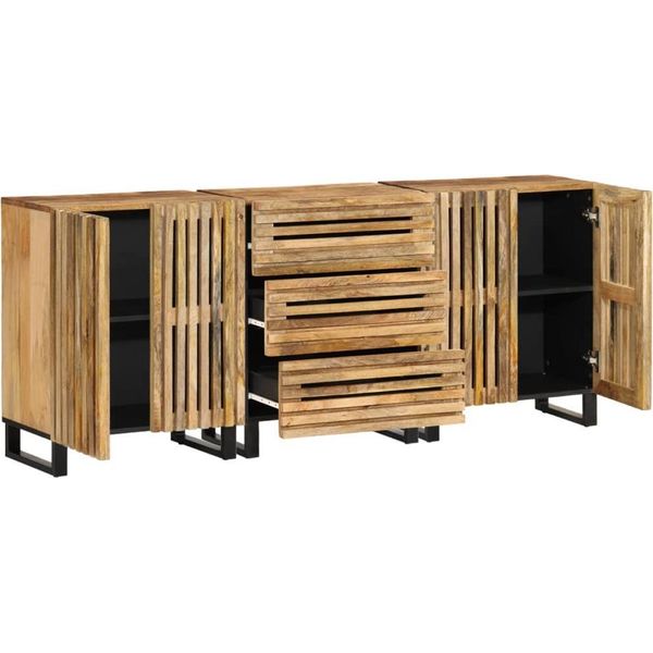 Vidaxl Credenza 3 Pezzi 60X34X75 Cm Legno Massiccio Grezzo Mango-image