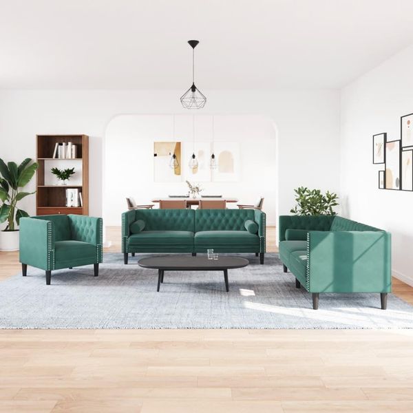 Vidaxl Set Di Divani Chesterfield A 3 Pezzi Con Imbottiture In Velluto Verde Scuro-image