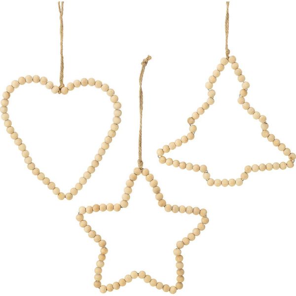 Decorazione Natalizia In Legno Perline Cuore Albero Stella 16Cm Set Di 3 Naturale Appendere Decorazione-image