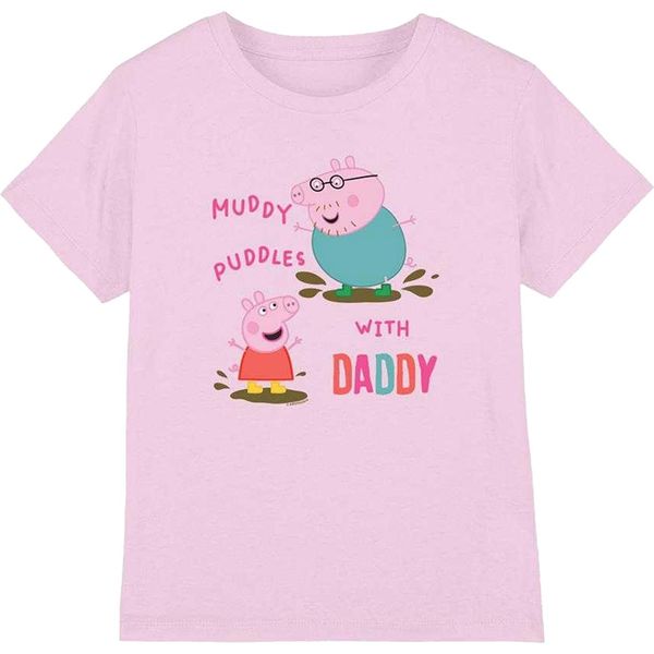 Peppa Pig - Maglietta "Pozze Di Fango Con Papà"" Per Bambina, Cotone TV25841 (128) (Rosa Chiaro)"-image