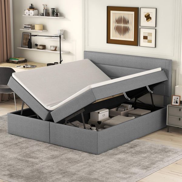 Letto Imbottito Fortuna-Lai, Letto Matrimoniale Con Struttura In Metallo A Doghe, Ampio Contenitore, Apribile Su Entrambi I Lati, Grigio,200X140Cm-image
