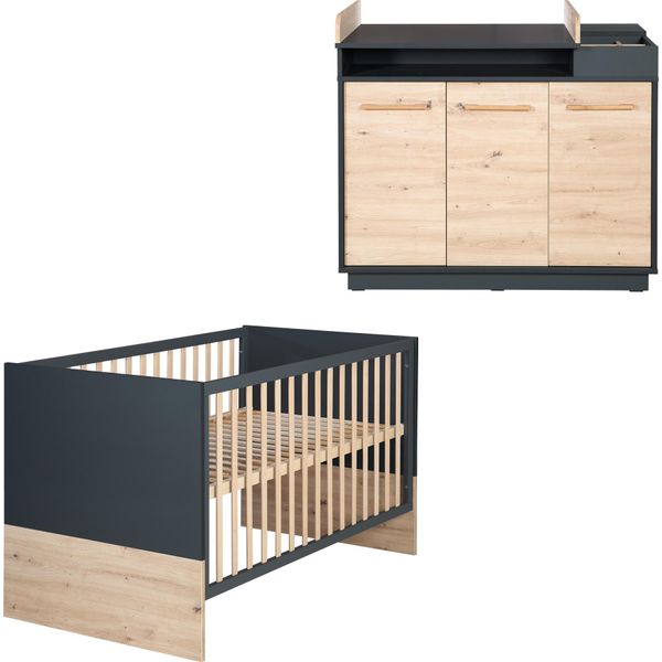 Set Di Mobili Roba "Lenn"" 2 Pezzi - Lettino Combinato 70X140 + Fasciatoio Largo - Antracite - Decorazione ""Rovere Artisan"""-image
