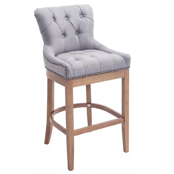 In And Outdoorsgabello Da Bar Leann - Stile Chesterfield - Grigio Chiaro - Tessuto - Gambe In Legno Naturale - Altezza Seduta 74 Cm - Con Schienale E Poggiapiedi - Con Chiodi In Ottone - Deluxe-image