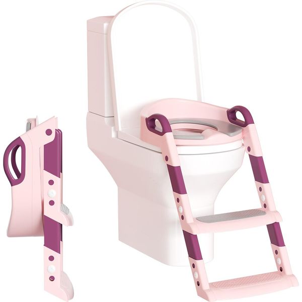 Jopassy Trainer Per Wc Regolabile In Altezza Sedile Per Wc Con Gradini Vasino Per Bambini Sedile Per Wc Con Paraspruzzi E Maniglie, Pieghevole Rosa-image