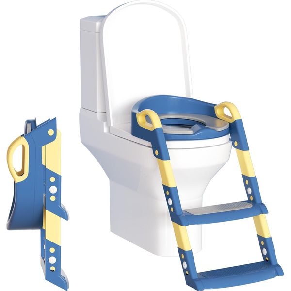 Jopassy Trainer Per Wc Regolabile In Altezza Sedile Per Wc Con Gradini Vasino Per Bambini Sedile Per Wc Con Paraspruzzi E Maniglie, Pieghevole Blu-image