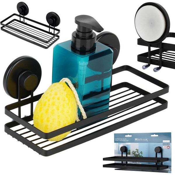 Mensola Per Doccia Mensola Per Bagno Cestino Per Doccia In Metallo Nero Con Ventose 25X10X8,5 Cm-image