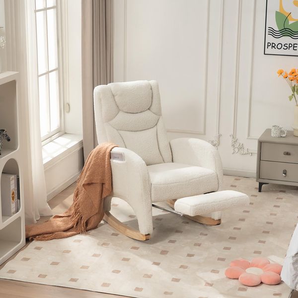 Sedia A Dondolo Abrihome In Tessuto Teddy, Poltrona Reclinabile Imbottita Con Braccioli, Per Soggiorno E Camera Da Letto - Bianco-image