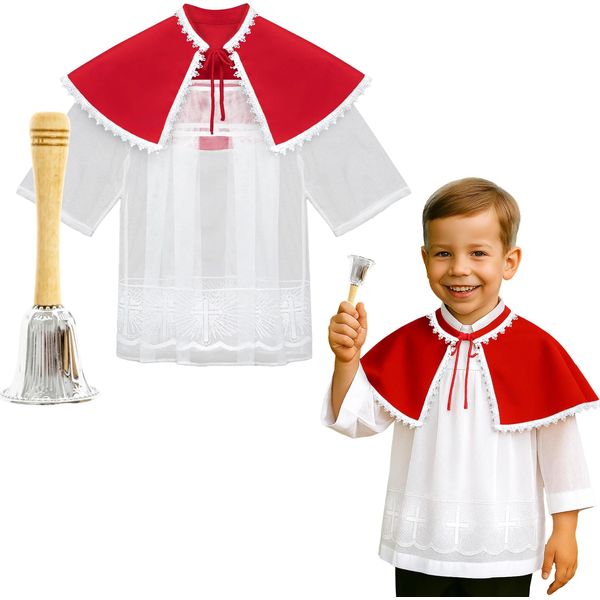 Set Per Il Corpus Domini: Un Camice Da Tenda Lungo 98 Cm + Una Mantellina Con Decorazioni Bianche + Una Campanella D'argento Con Manico Chiaro-image