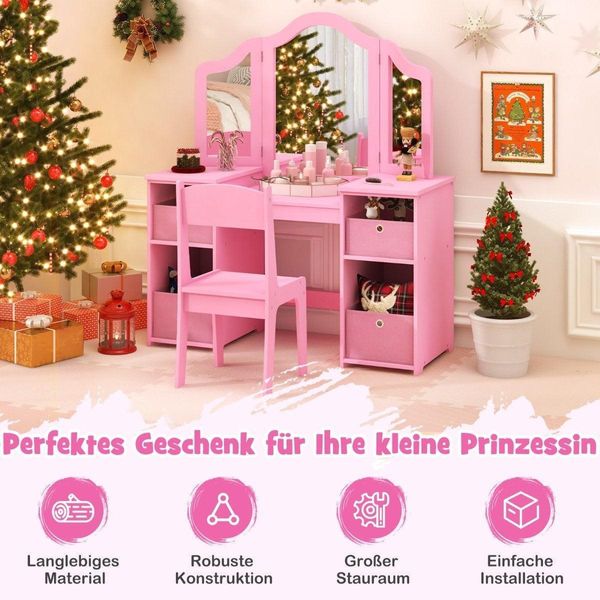 Set Da Toeletta E Scrivania Per Bambini, 2 In 1 Con Specchio Rimovibile-image