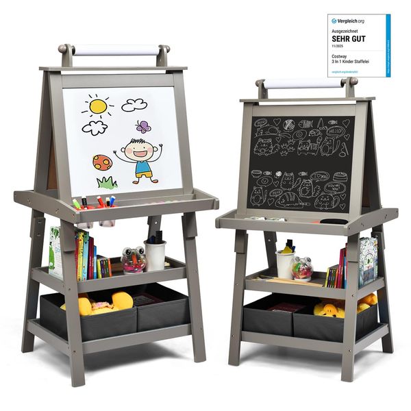 Costway Cavalletto Per Bambini In Legno 3 In 1, Lavagna Per Bambini Bifacciale Con 2 Contenitori, Lavagna Bianca, Lavagna A Gesso, Magneti E Carta Da Disegno Grigio-image