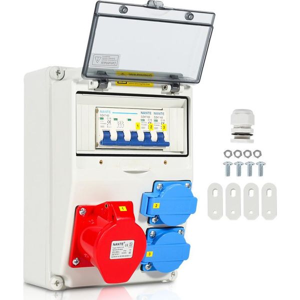 Distributore Di Corrente A Parete Swanew Con Interruttore Automatico, Distributore Di Corrente Da Cantiere A 5 Poli Con 2X Prese Schuko E Prese Cee 16A Per Uso Interno Ed Esterno-image
