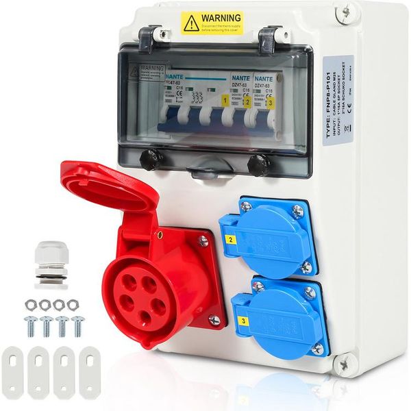 Distributore Di Corrente A Parete Jopassy Con Interruttore Automatico, Distributore Di Corrente Da Cantiere A 5 Poli Con 2X Prese Schuko E Prese Cee 16A Per Uso Interno Ed Esterno-image