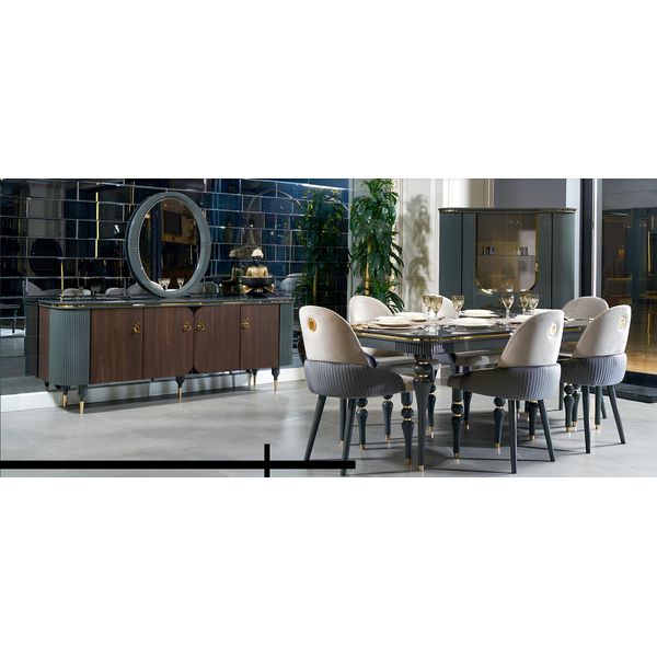 Set Sala Da Pranzo Tavolo Vetrinetta 6X Sedia Cassettiera Specchio Moderno Nuovo 10 Pezzi.-image