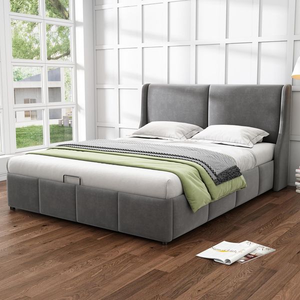 Letto A Molle Sweiko Funzione Idraulica Letto Imbottito Con Comoda Testata E Rete A Doghe In Legno Massiccio Letto Matrimoniale 140*190 Cm Velluto Grigio (Senza Materasso)-image