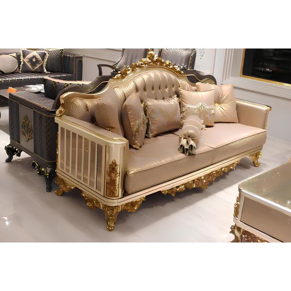 Set Di Divani Chesterfield 3+1+1 Gruppo Completo Set Poltrona Divano Tessile Oro-image