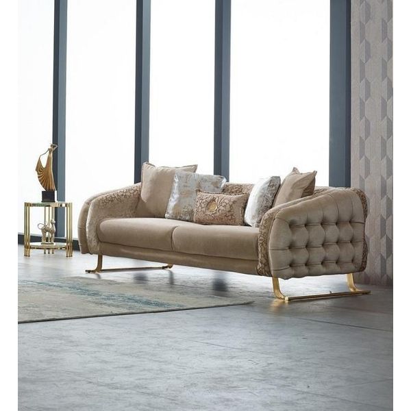 Divano Chesterfield A Tre Posti Divano In Tessuto A 3 Posti Divano Imbottito Beige Nuovo-image