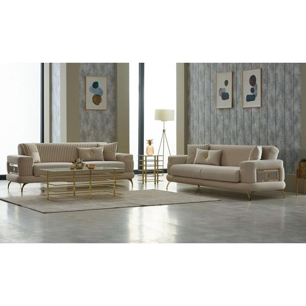 Set Di Divani A Tre Posti In Tessuto Divano Imbottito Divano Beige 2Pcs-image