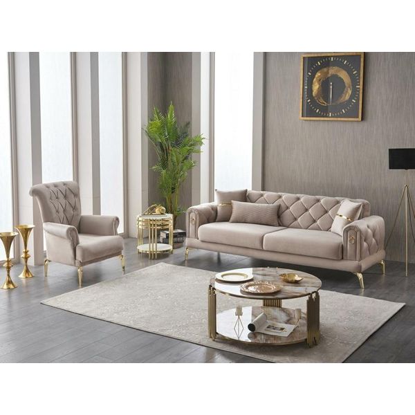 Set Divano Imbottito A Tre Posti 2 Pezzi In Tessuto Poltrona Divano Beige Lusso-image