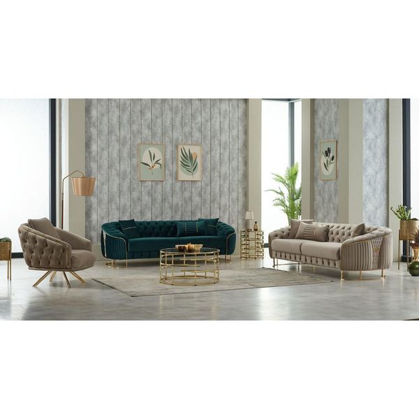 Set Completo Di Divani Imbottiti Divano A Tre Posti Poltrona In Tessuto Beige 3 Pezzi-image