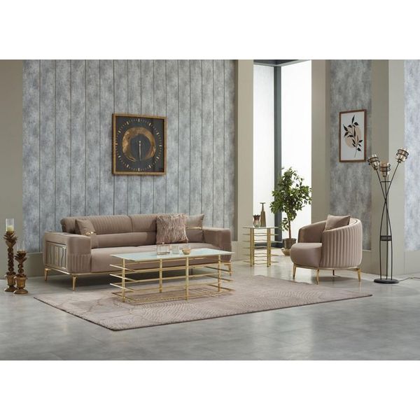 Set Di Divani Imbottiti Divano A Tre Posti In Tessuto Poltrona Divano Beige 2 Pezzi-image