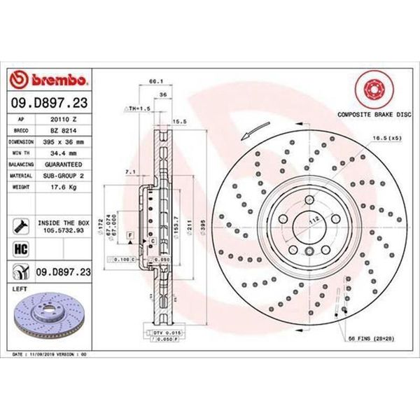 Disco Freno Brembo 09.D897.23 Per Bmw 5 Sedan (G30 F90) 5 Touring (G31)-image