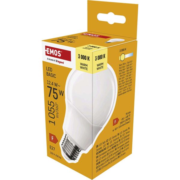 Emos Lampada Led A60, 12,4W In Sostituzione Della Lampadina Da 75W, Base E27, Luminosità 1055 Lumen, Bianco Caldo 3000 Kelvin, Durata 20000 Ore, ZL5F52-image