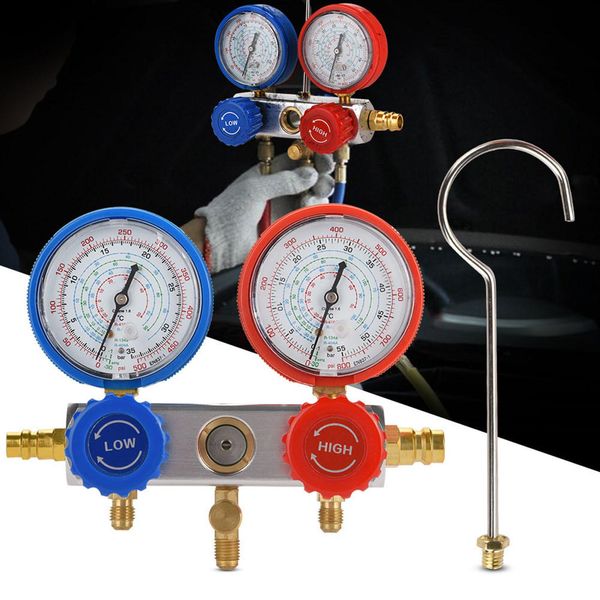 Manometro Del Fluoro Refrigerante, Manometro Del Collettore Di Condizionamento Dell'aria, Strumenti Di Condizionamento Dell'aria, Strumenti Di Condizionamento Dell'aria Refrigerante, Manometro Del Collettore Diagnostico Ca, Tubo Di Ricarica Del Refrigerante, Adattatore Dell'accoppiatore Rapido, Apribottiglie Della Valvola-image