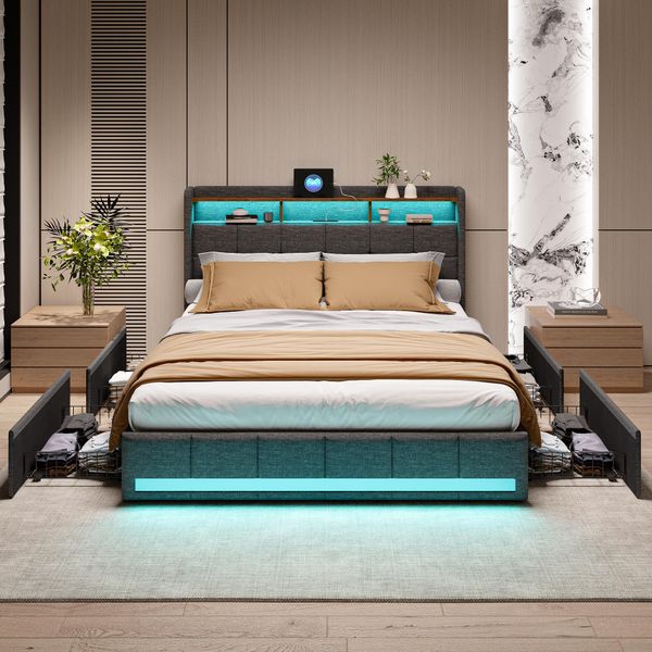 Cdglobal Letto Imbottito 140X200Cm Con Usb E Type-C, Letto Per Ragazzi Letto Matrimoniale Con 4 Cassetti, Letto Contenitore Letto In Legno Massiccio Con Led E Rete A Doghe, Biancheria-image