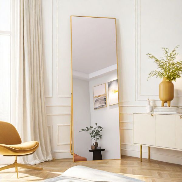 Specchio A Figura Intera Proximax 53 X 162 Cm, Specchio Da Appoggio E Da Parete 2 In 1, Specchio Per Vestirsi, Specchio Guardaroba Per Camera Da Letto, Soggiorno E Ingresso, Oro-image
