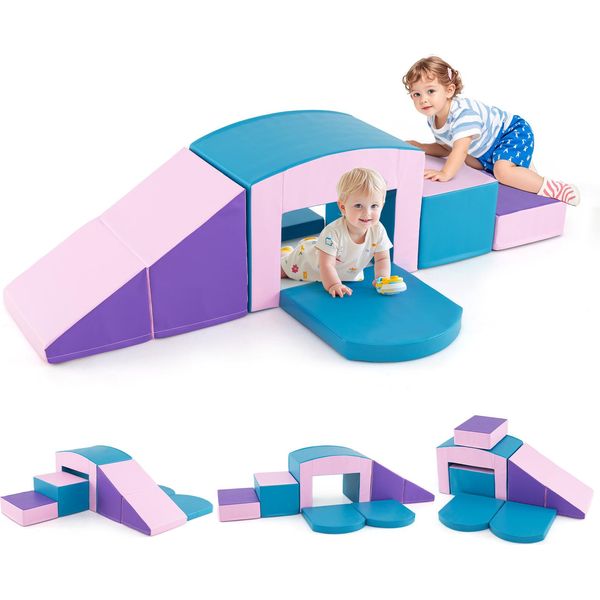 Costway Set Di Blocchi Da Arrampicata Da 6 Pezzi, Morbido Gioco Da Arrampicata Per Bambini, Colorato Set Da Gioco Per Arrampicarsi E Gattonare Con Tunnel Blu-image
