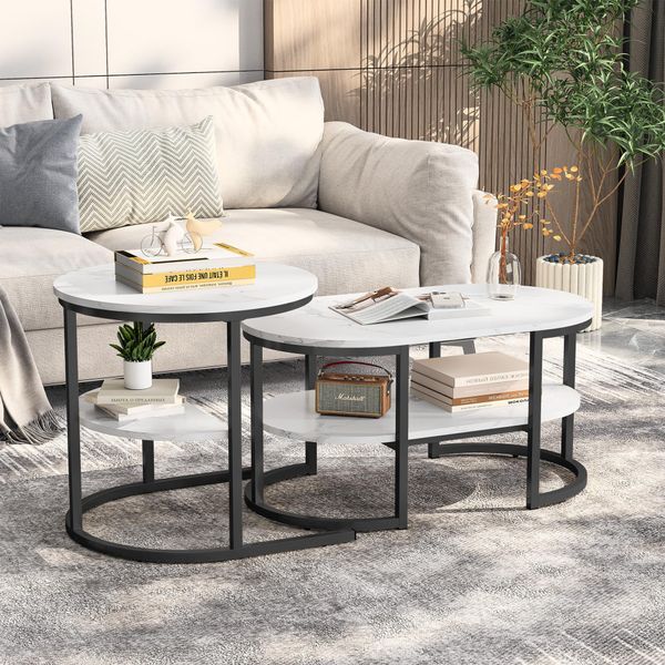 Tavolini Ovali E Rotondi Con Effetto Marmo Bianco E Struttura Nera, Per Un Design Moderno Ed Elegante-image