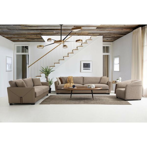 Set Divano 331 Posti Poltrona Tre Posti Tessuto Moderno Beige Set 3 Pezzi-image