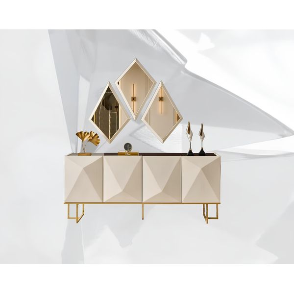 Set Credenza Con Specchio Credenza Credenza Beige Cassettiera Set In Legno-image