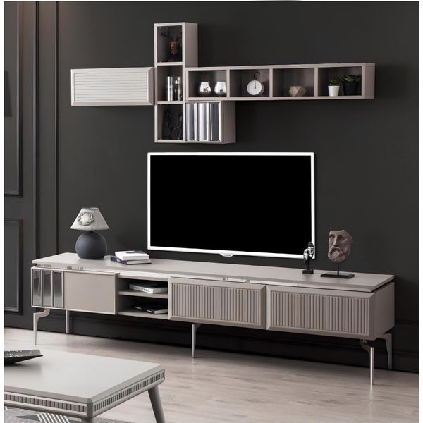 Credenza Rtv Scaffali Bassi Porta Tv Mobile Legno Grigio Parete Attrezzata-image