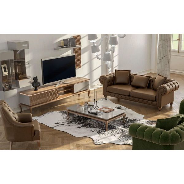 Set Di Divani Chesterfield Marrone Poltrona Moderna A Tre Posti Tessile-image