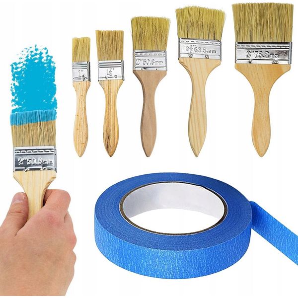 Rosfix Set Di 5 Pennelli Sintetici + Nastro Adesivo Per Pittori 40 Mm X 50 M – Senza Aloni, Preciso, Per Pareti, Mobili, Acrilici E Acquerelli-image