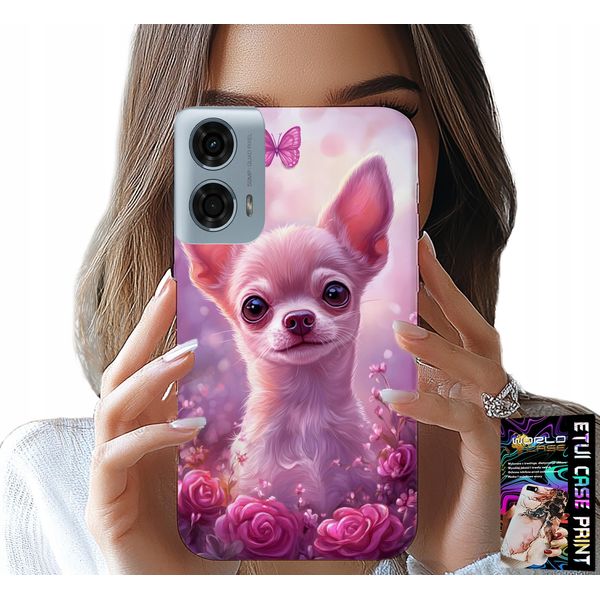 Custodia Per Motorola G24 / G04 - Dolce Chihuahua Su Sfondo Rosa Con Fiori-image