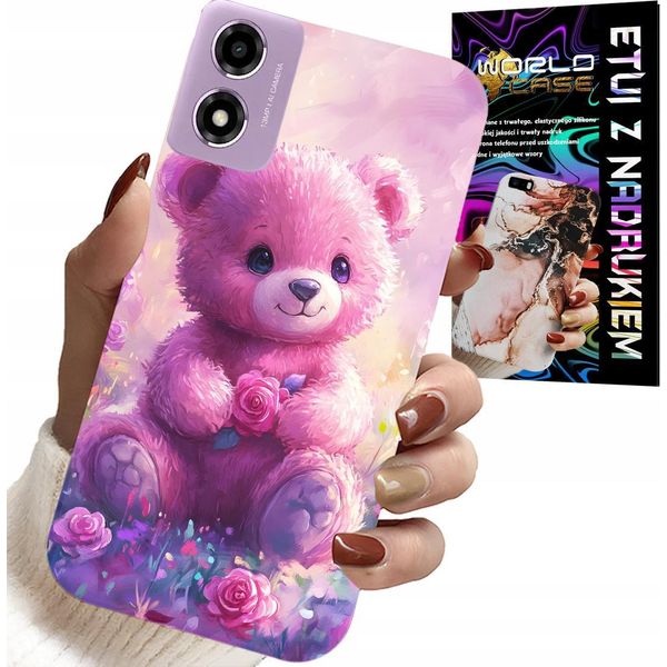 Custodia Per Motorola Moto E14 - Dolce Orsacchiotto Su Sfondo Rosa, Custodia + Vetro-image