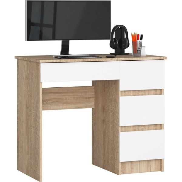 Scrivania A-7 Con 4 Cassetti In Rovere Sonoma E Bianco Per Casa E Ufficio-image