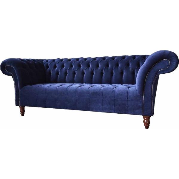Divano Imbottito Chesterfield Design Divano A 3 Posti Blu Tessile Nuovo-image