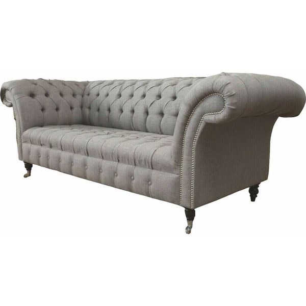 Chesterfield 3 Posti Imbottito Divano Divano Tessile Stile Moderno Grigio-image