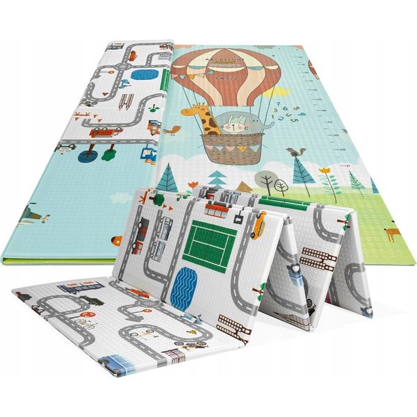 Tappetino Per Bambini Tulano Gioco 10 Tappetino Bifacciale Per Gattonare 180X200X1Cm | Base In Schiuma Xpe | Antiscivolo Impermeabile Portatile | Giro In Città/Pallone-image