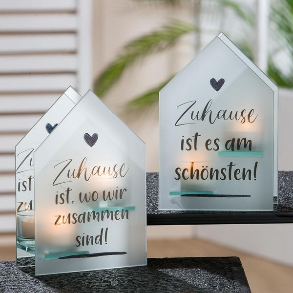 Gilde Teelichtleuchter, Haus, "Zuhause"", Spruch, Glas, Weiß, , 2 StüCk Wie Abgebildet, L. 6 Cm, B. 13 Cm, H. 20 Cm 40346"-image