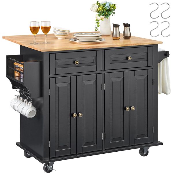 Carrello Ad Isola Per Cucina Vevor, Carrello Mobile Da 110 Cm Con Piano In Legno E Armadietto, Tavolo Mobile Con Piano Pieghevole, Portaspezie, Portasciugamani, Ripiano Regolabile, Cassetto E Gancio, Carrello Ad Isola Portatile-image