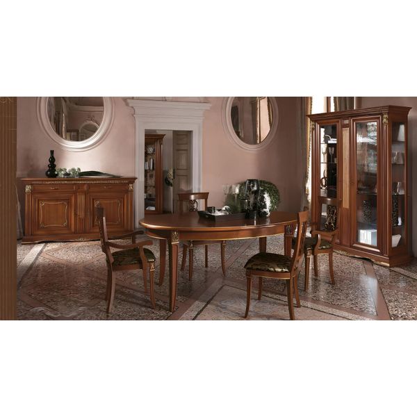 Set Sala Da Pranzo Barocco Rococò Tavolo 4X Sedie Vetrina Cassettiera 7 Pz. Nuovo-image