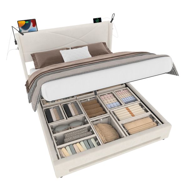 Lvhom Letto Imbottito 140X200Cm Con Lampade Da Lettura E Usb, Letto Matrimoniale Led Con Rete A Doghe, Letto Contenitore In Velluto, Letto Idraulico In Legno Con Rete, Beige-image