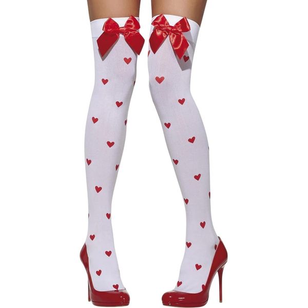 Smiffys - Calze Autoreggenti Con Fiocco Da Donna SM251 (Taglia Unica) (Bianco/Rosso)-image