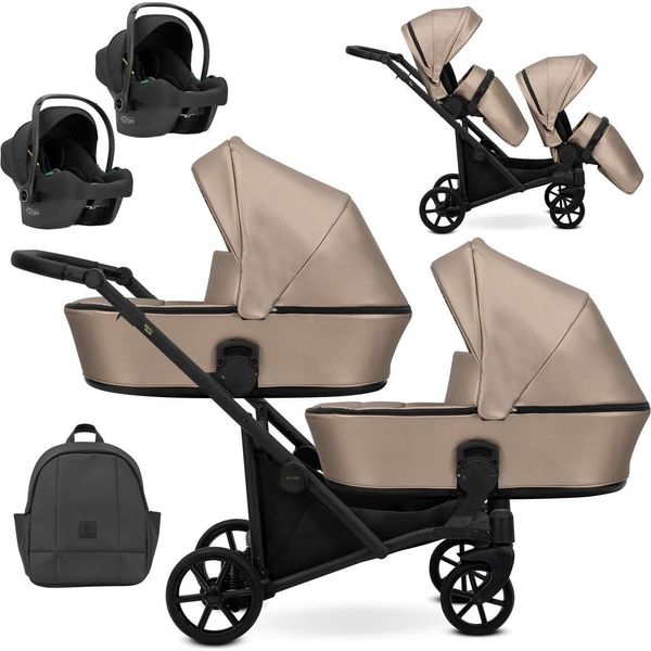 Passeggino Doppio Kunert Brav Duo 3In1 In Ecopelle Color Cappuccino Con Ruote In Gel E Telaio Nero-image