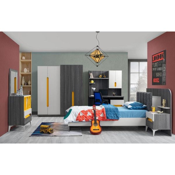 Set Camera Bambini Grigio Letto Comodino Cassettiera Armadio Scrivania-image