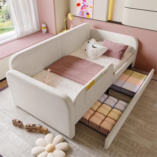 Divano Letto Sweiko 90X200Cm,Divano Letto Con Struttura In Metallo,Letto Imbottito Con 3 Tasche Portaoggetti E 2 Cassetti,Letto Per Bambini,Bianco,Senza Materasso-image